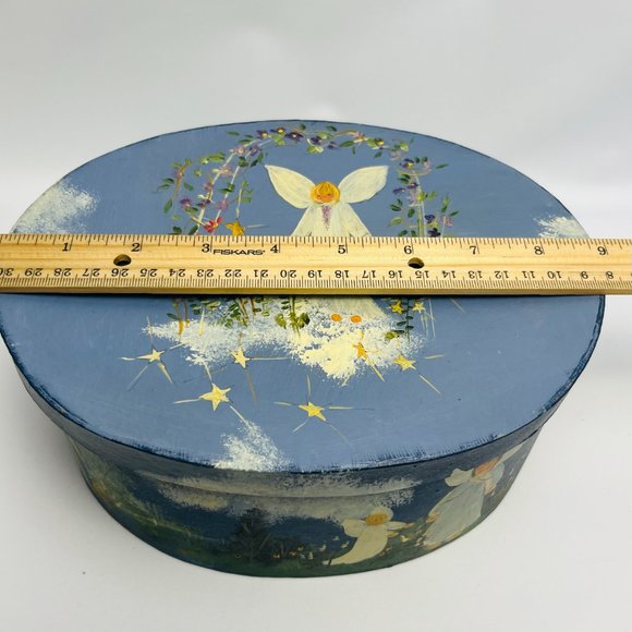 Hand Painted Angels Scene 8.5" Oval Lidded Cardboard Storage Trinket Box Vtg - Picture 8 of 11